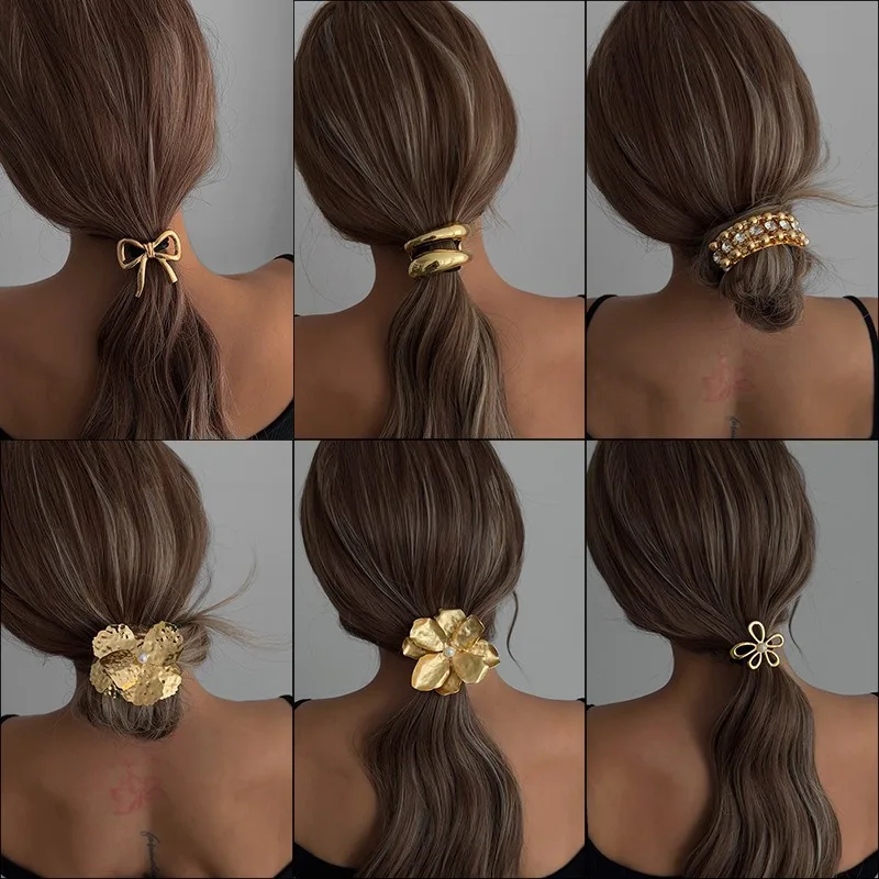 Elegant Gold Flower Hair Elastic with Pearl Ponytail Hair Rings Fashion Butterfly Combined Gold Headdress Hair Rope