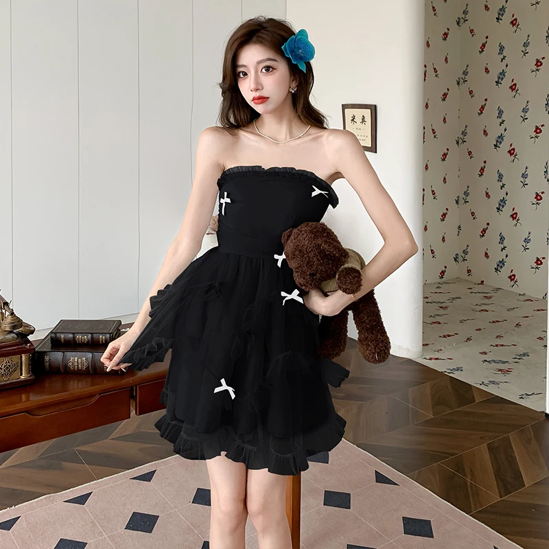 Cute Sweet Sleeveless Cake Dress for Women Summer 2024 Strapless Slim Mesh Bow Elegant Chic Party Birthday Dresses Korean