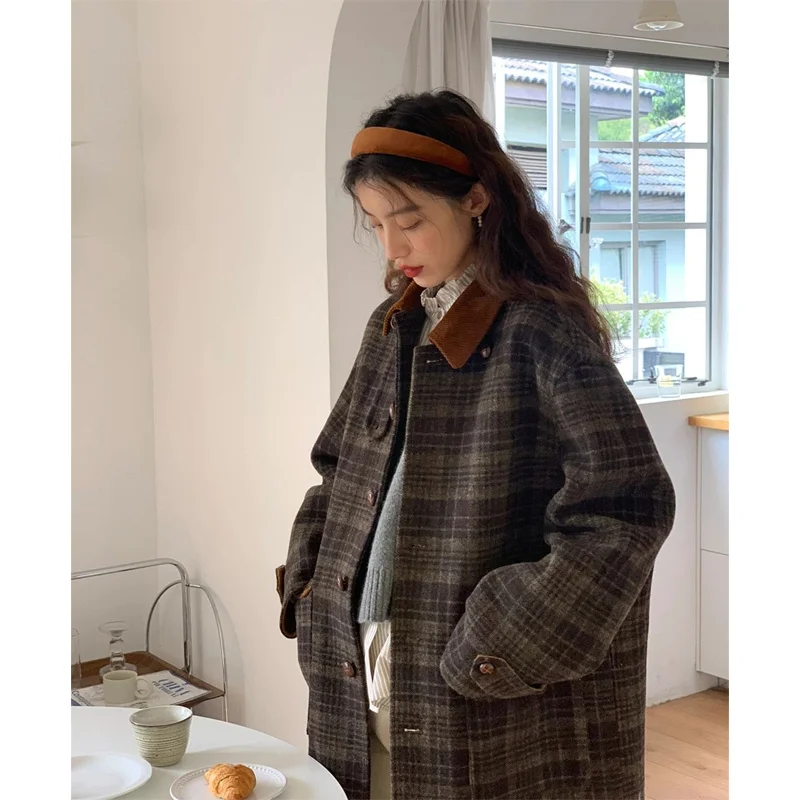 الإناث الراقية سميكة منتصف طويلة مزاجه أبلى جديد إمرأة منقوشة معطف الصوف الخريف الشتاء الكورية سترة الصوف الموضة