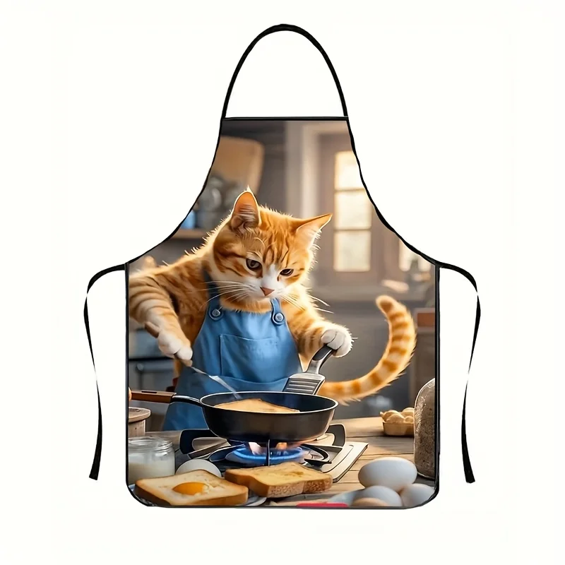 1pc Playful Orange Cat Chef Apron with Blue Pockets  Fun Kitchen Design, Polyester Fabric, Adorable Cooking Cat Illustration