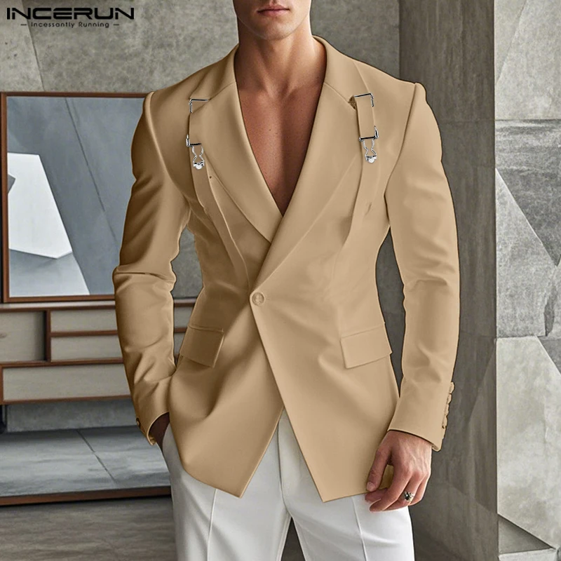 INCERUN Tops 2025 American Style Fashion Men Deconstruct Metal Buckle Suit Coat Casual Streetwear Male Solid Long Sleeved Blazer