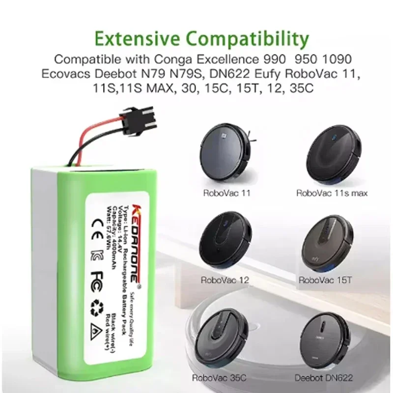 

14.4V 2600mAh/4000mAh Li-ion Battery for Conga Excellence 950 990 1090 1790 1990 Deebot N79S N79 DN622 Eufy Robovac 11S 12 X500