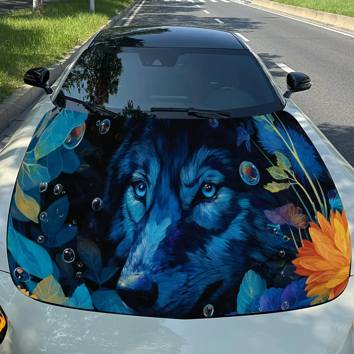 

Delightful Floral Wolf Car Engine Hood Sticker, Auto Vinyl Wraps, Waterproof Self-adhesive Vehicle Decal, Durable & Anti-scratch