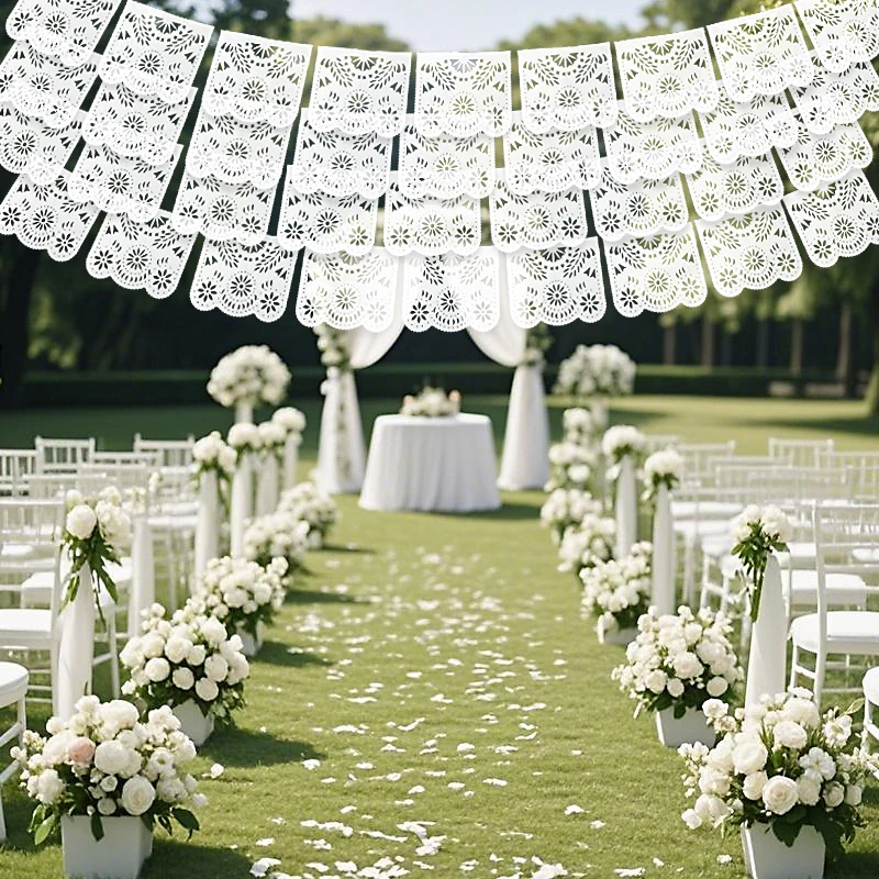 

4.4M White Wedding Papel Picado Banner Plastic Carved Hanging Flags Wedding Birthday Party Hollowed Garlands Decoration Supplies