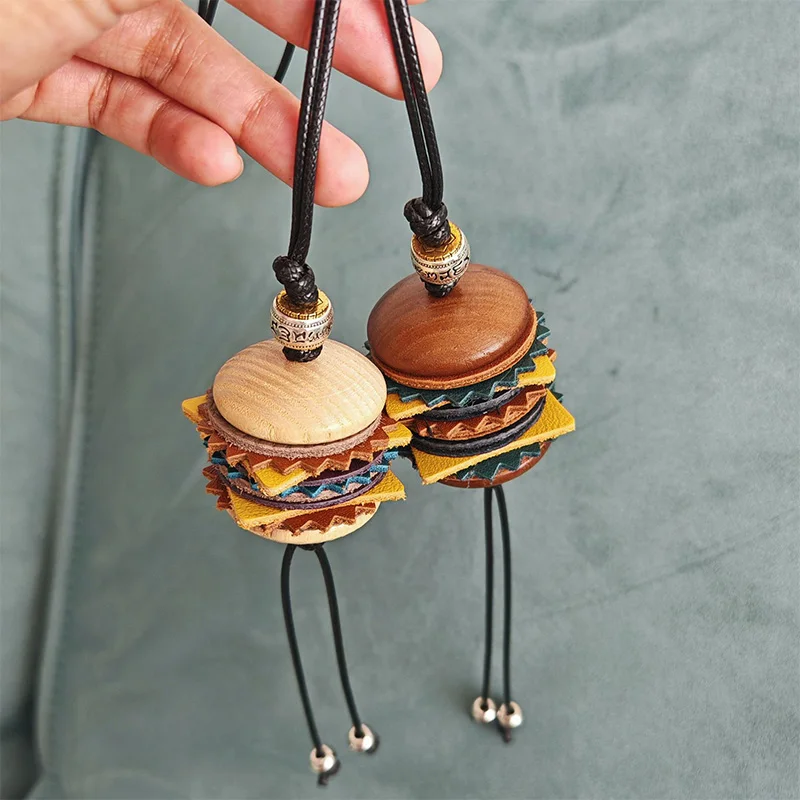 Handmade Wooden Hamburger Simulation Keychain Bag Pendant Creative Couple Pendant Gift Car Pendant Pendant Niche Design Pendant