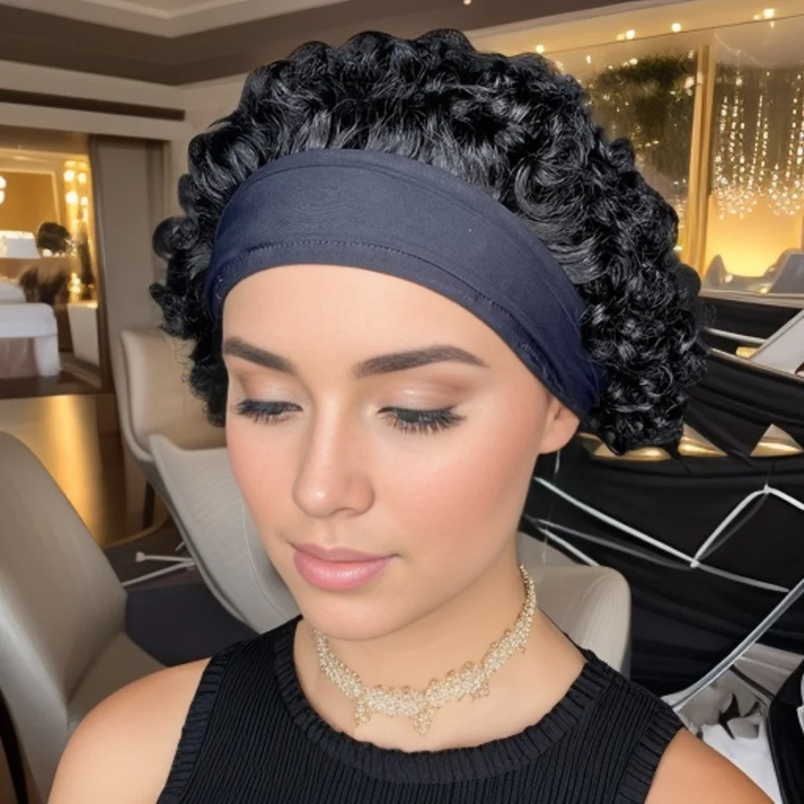 짧은 곱슬 픽시컷 헤어밴드 가발 워터 웨이브 레미 인모 풀 머신 메이드 가발