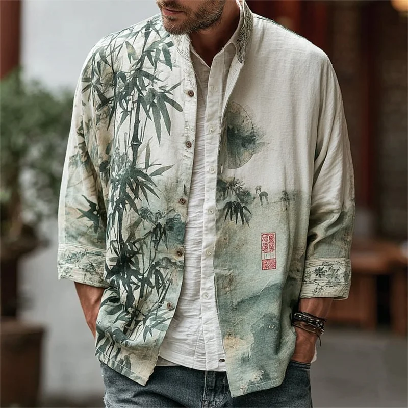 

New Men's Linen Long Sleeve Shirt 3D Bamboo Leaf Print Men's Hawaiian Lapel Top Casual Comfort Shirt Top