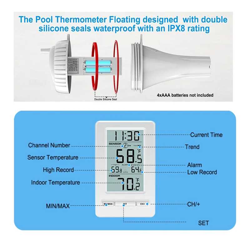 DELAM-termómetro inalámbrico Digital para piscina, Sensor de temperatura con pantalla LCD de 24H, función de memoria para piscinas y bañeras