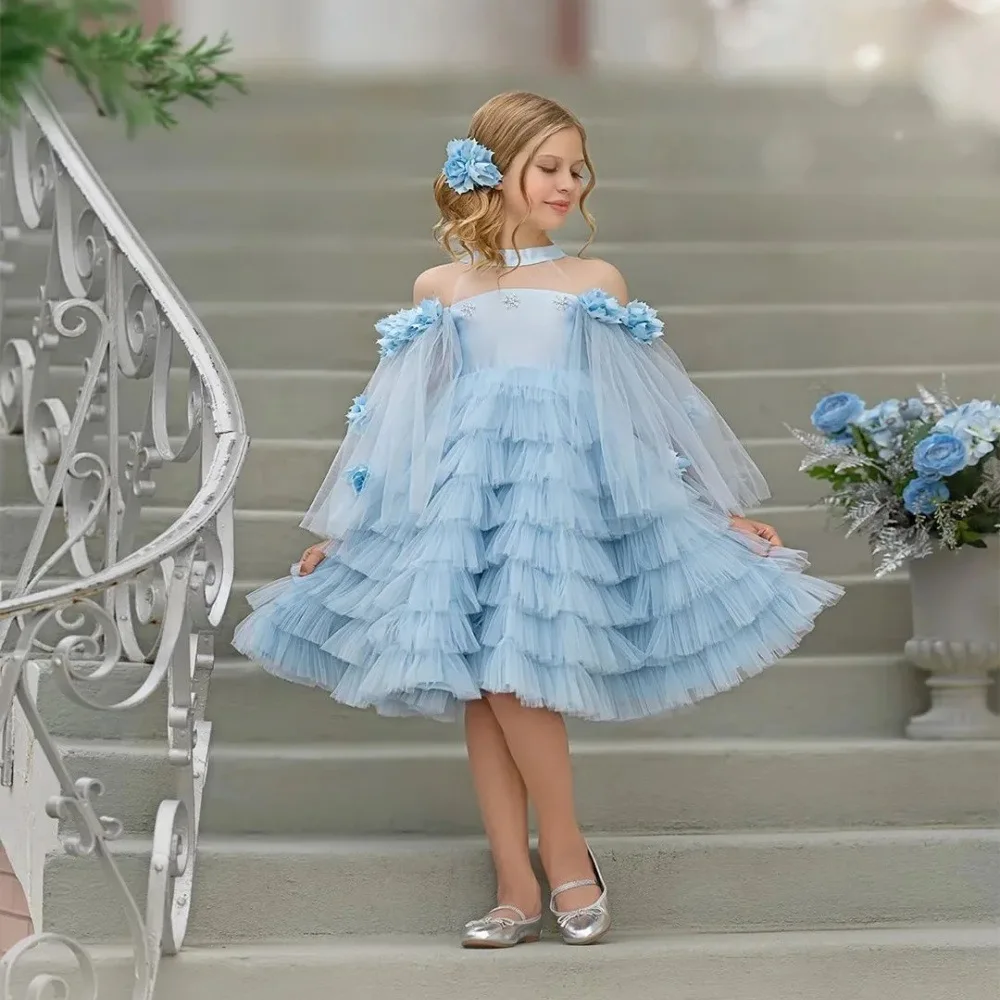 

Детское платье принцессы из фатина А-силуэта с многоярусной юбкой для девочек, нарядное платье для первого причастия, бальное платье, платье для свадебной вечеринки, на день рождения