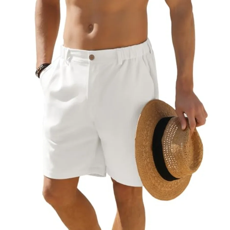 

Мужские шорты повседневные 7-дюймовые из хлопка и льна с эластичным поясом на пуговицах, летние пляжные шорты для гольфа с несколькими карманами