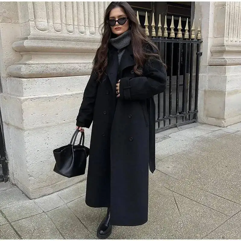 Elegant Grey Belt Long Faux Wollen Coat Women Lapel Double Breasted Street Coats Female 2025 Autumn Winter New Lady Peacoat