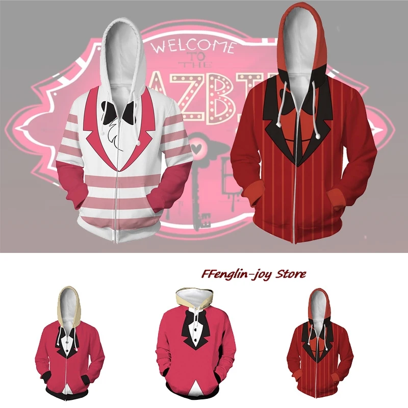 Anime Hazbin Cosplay Hotel Costume Alastor Angel Dust Lucifero Cosplay Anime Doujin Felpa con cappuccio Giacca Cappotto Uomo Donna Top