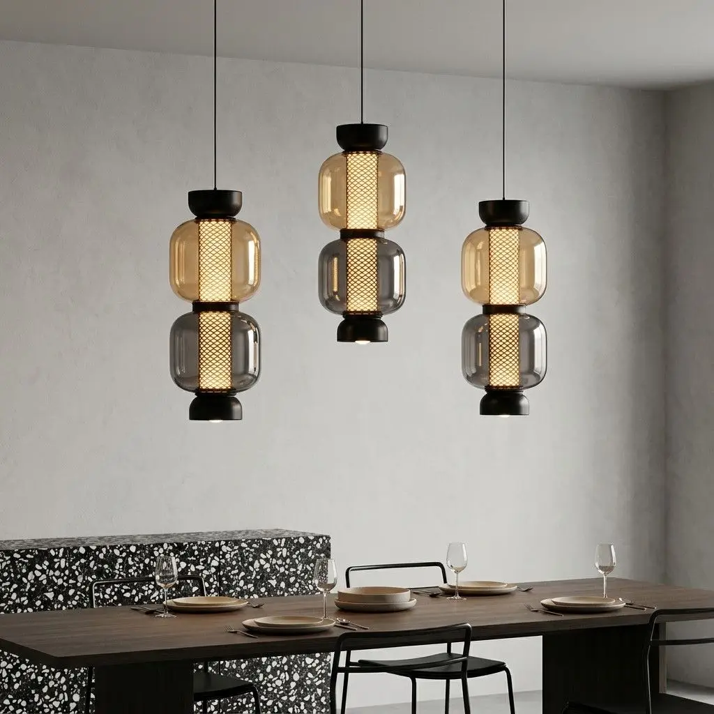 Industrial Style Ceiling Pendant Lamp Glass Home Decor Items Openwork Iron Mesh Design Ceiling Light Suspension Lamps Chandelier