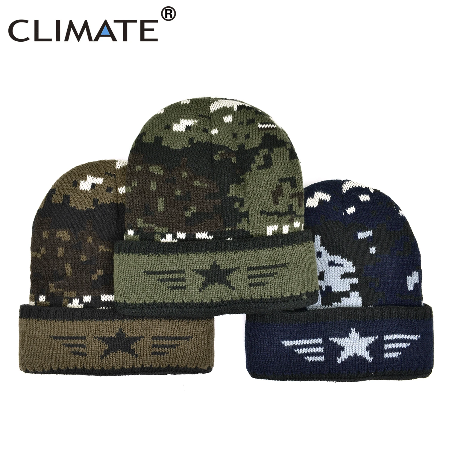 CLIMATE New Camouflage Beanie Winter Warm Hat Cool Wen Man Camo Beanie Knitted Hat Hunting Fishing Outdoor Sport Knitted Hat Cap