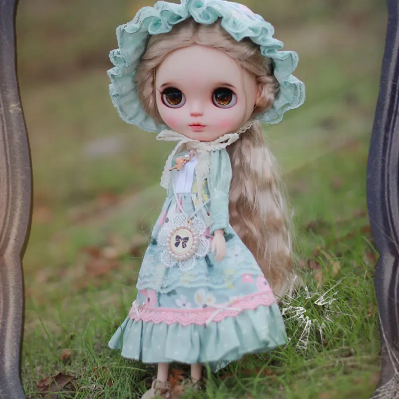 

Ob22 24 Doll Clothes Handmade Sweet Cute Printed Lace Long Sleeve Dress Hat Necklace Set For Blythe Azone Licca Pullip Clothes
