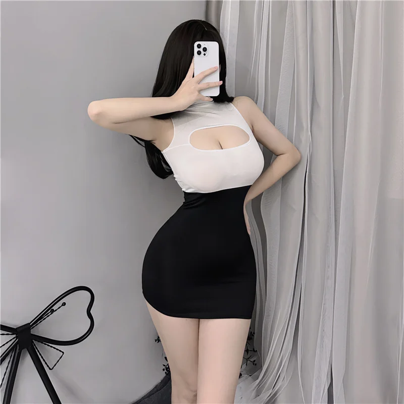 Bodycon Secretary Cosplay Dress Hollow Out Mock Collar Slim Uniform Costume For Women Party Halloween Role Play view 4