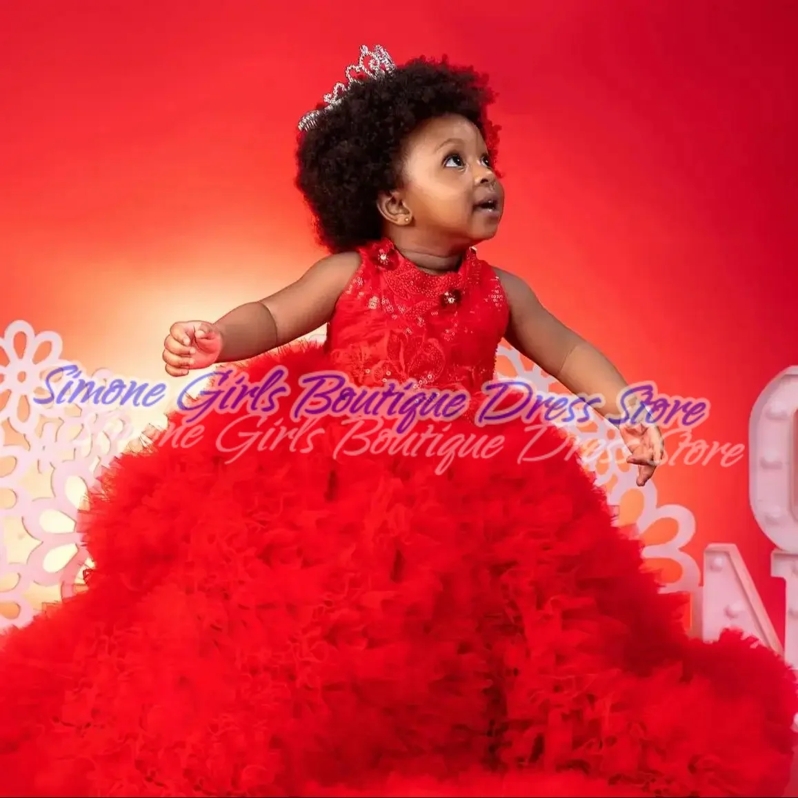 

Sequin Red sleeveless puff skirt Flower Girl Dress for Birthday party Dance Performances Holiday Celebrations Parties