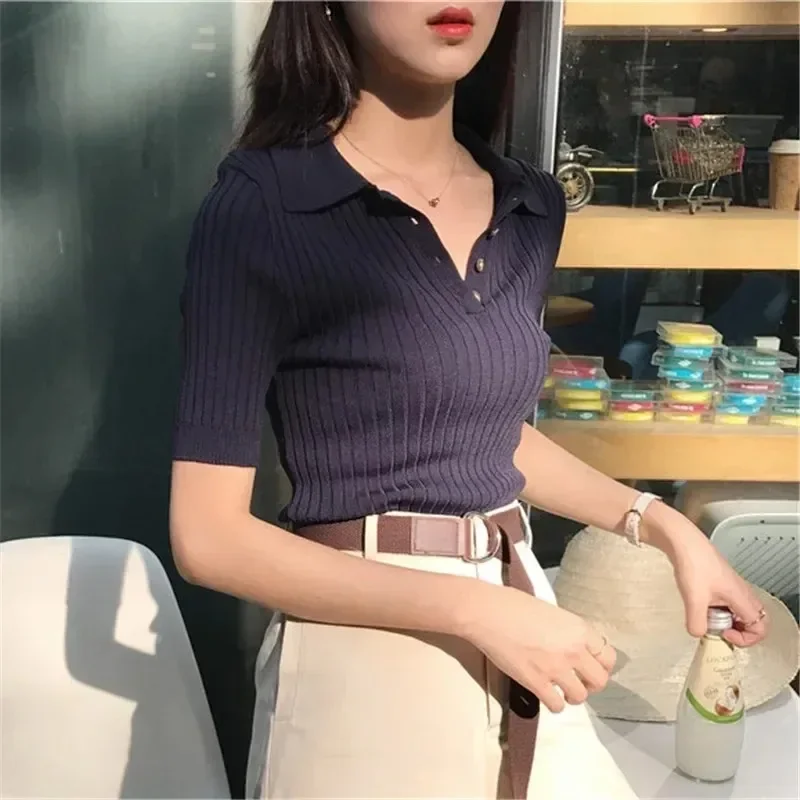 Women Casual Polo Plunge Neck Short Sleeve Knitted T-shirts Summer Female Korean Elegant All-match  cropped button shirt cotton