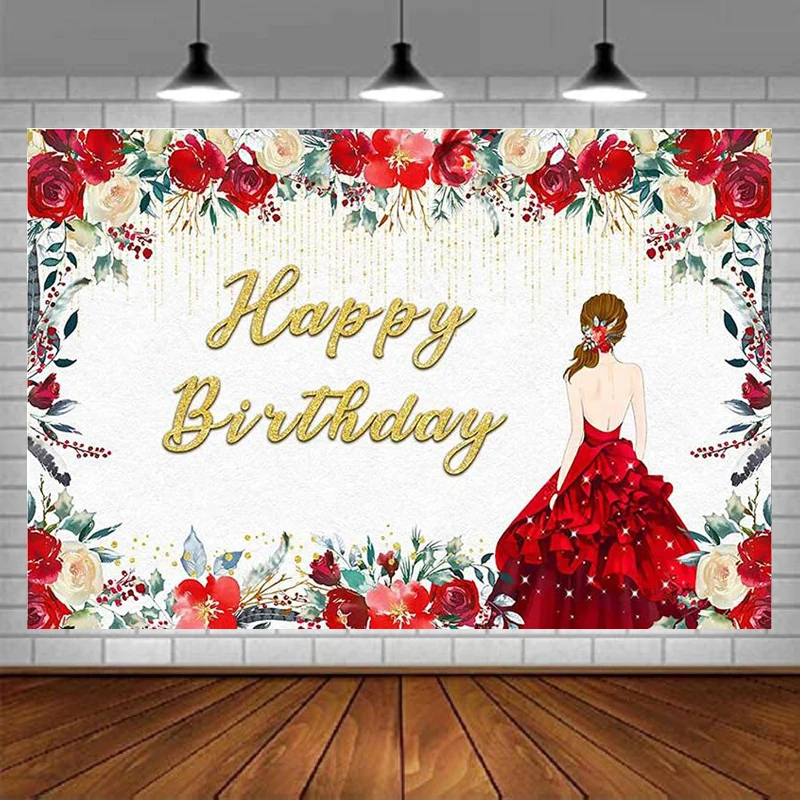 Photography Backdrop Princess Red Dress Floral Background Gold For Girl Happy Birthday Party Decor Prom Cake Table Banner