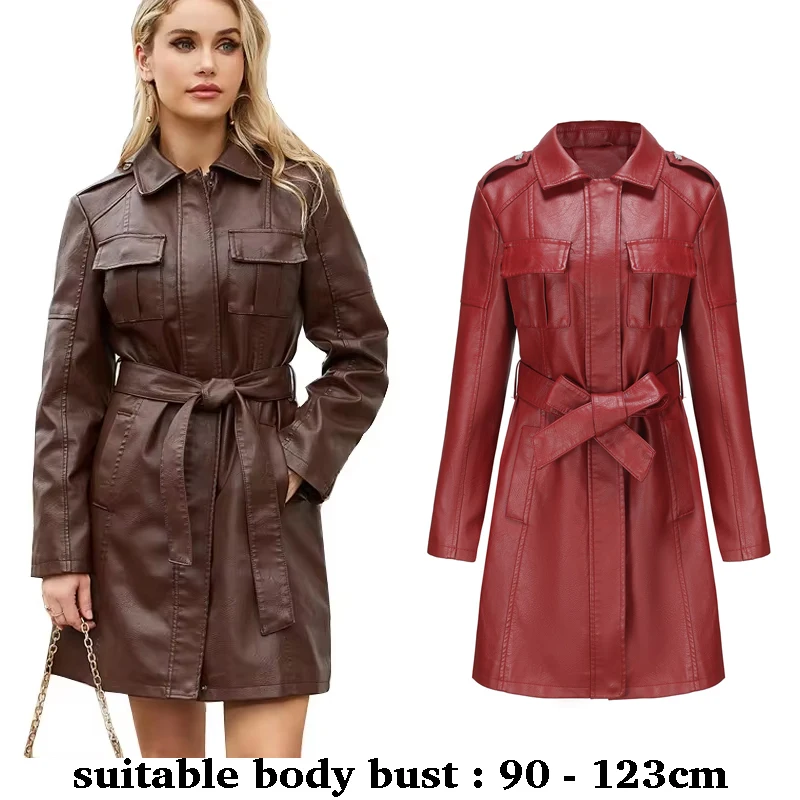 

High quality long leather trench coat for women big size with belt autumn winter 2025 elegant vintage clothes black red brown