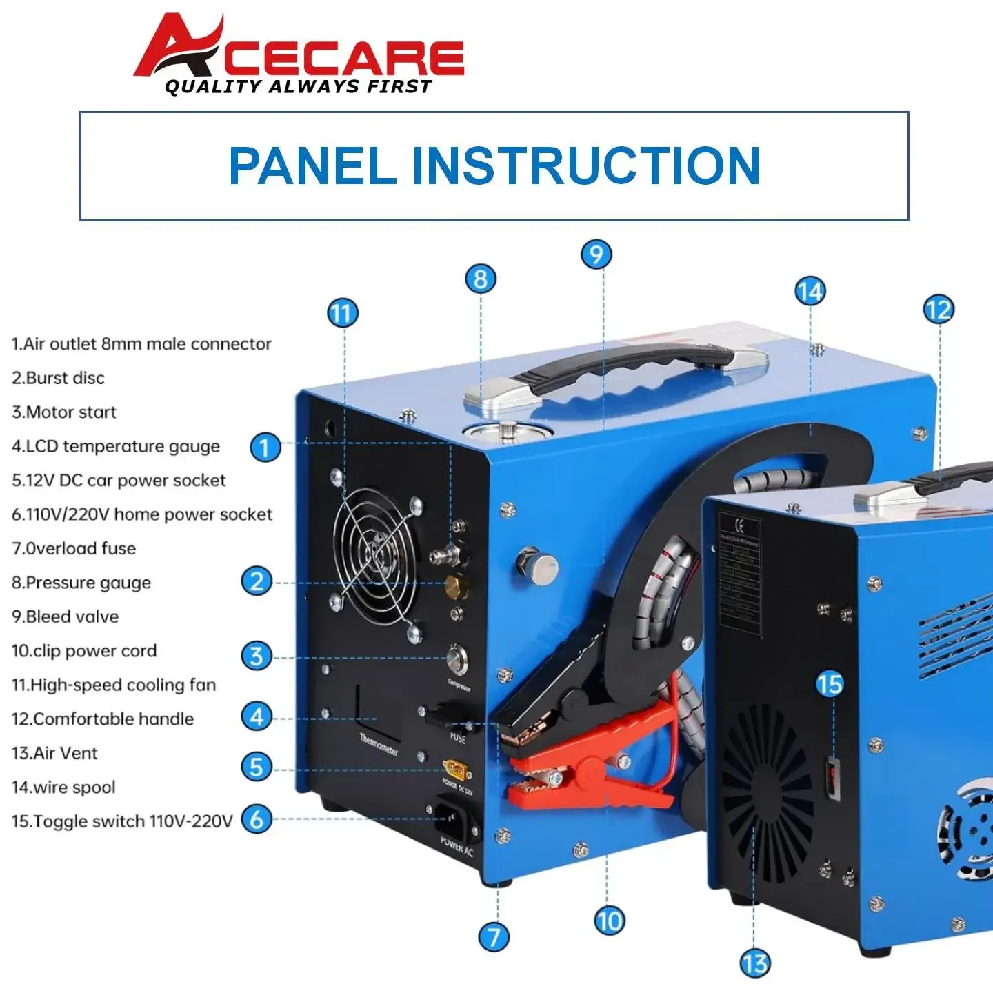 ACECARE 4500Psi Compressor de ar portátil PCP 300Bar Compressor de parada automática de alta pressão com adaptador de alimentação portátil de 12V