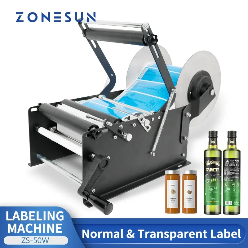 ZONESUN Label Applicator Big Stickers Manual Plastic Round Bottle Tin Can Tube Labeling Machine Packaging Machine ZS-50W