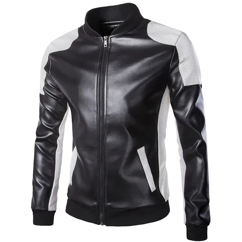 New Men Stand Collar Black White Color Matching Casual Leather Jacket Fashion Racing Clothing PU Leather Jacket Plus Size 5XL