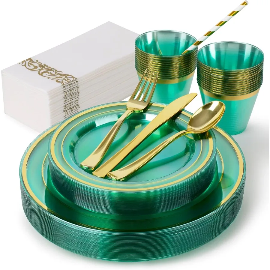 

200PCS Green Plastic Plates for 25 Guests Disposable Plates with Gold Rim Includes 50 Dinner Plates 75 Gold Silverware 25 Cups