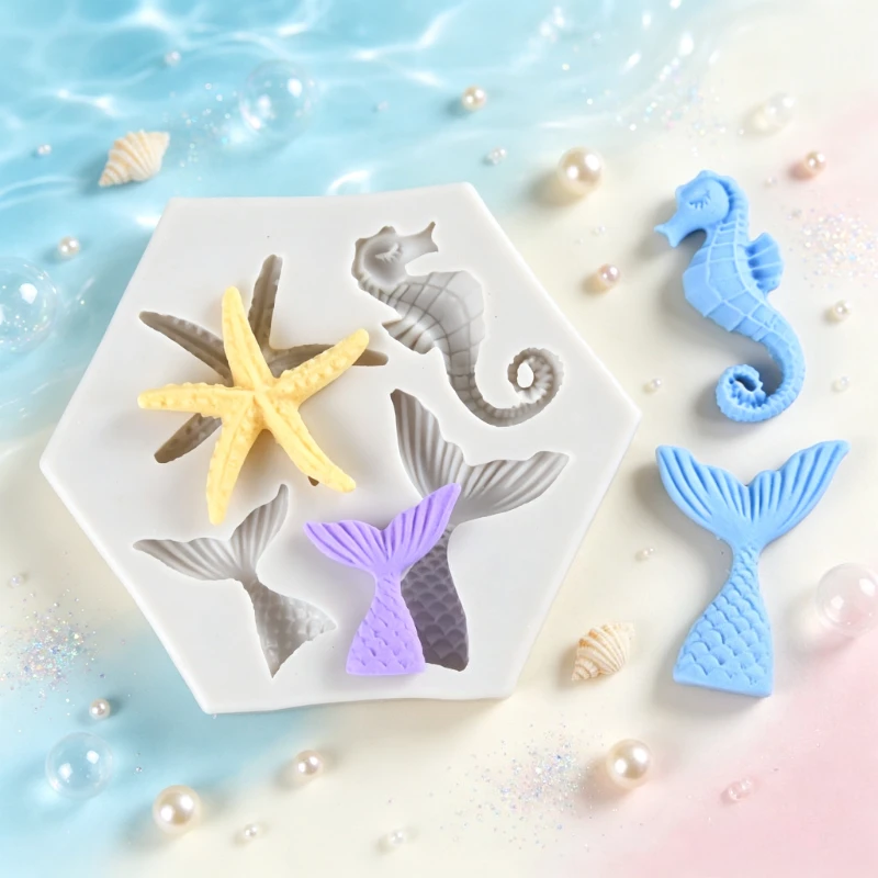 Ocean Series Silicone Mold Mermaid Tail Seahorse Starfish Chocolate Fondant Cake Molds Marine Birthday Decor Resin Clay Mould