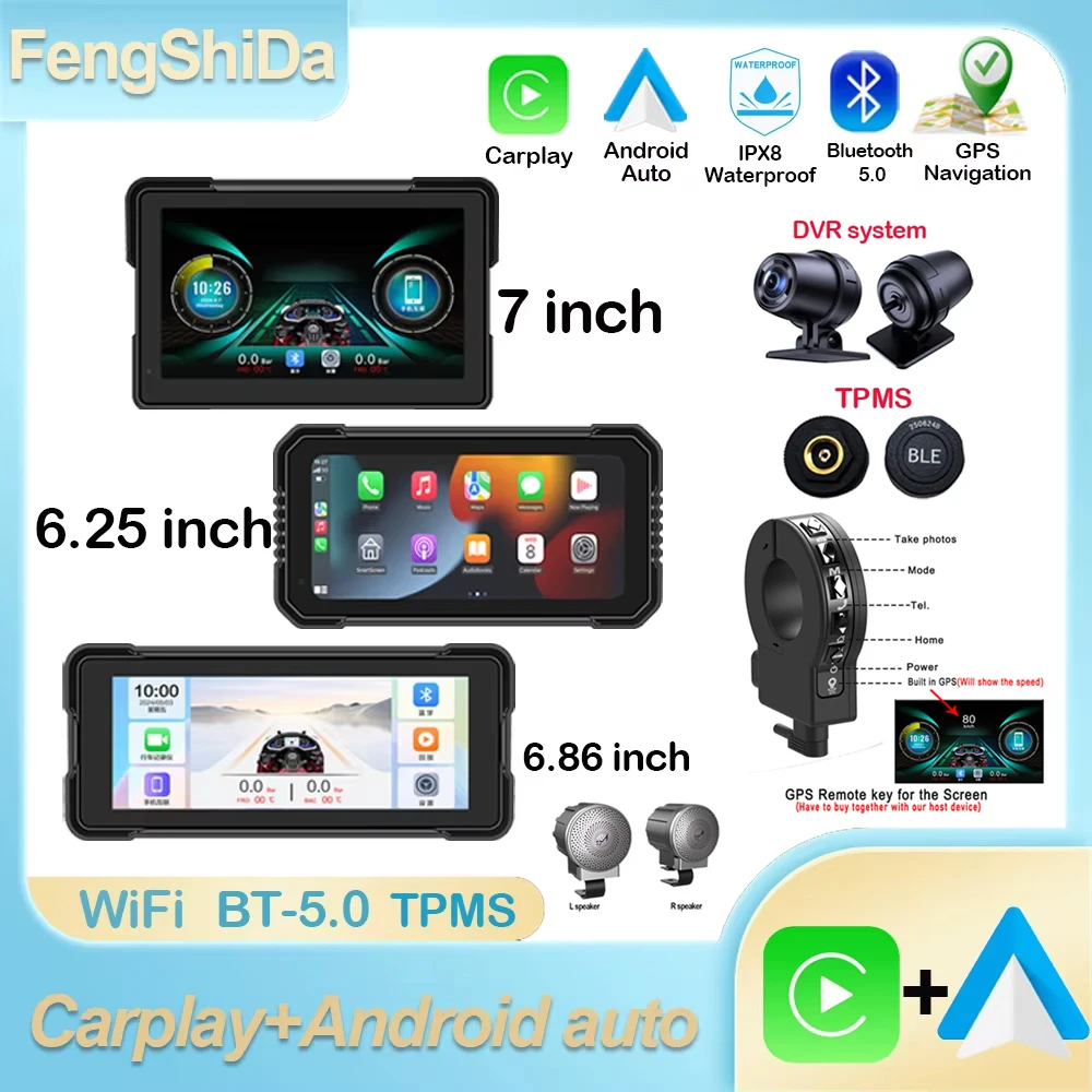 

6.25/6.86/7 Inch Motorcycle Navigation Screen Wireless CarPlay Android Auto Motorcycle GPS Motor DVR Monitor AMP TPMS Optional