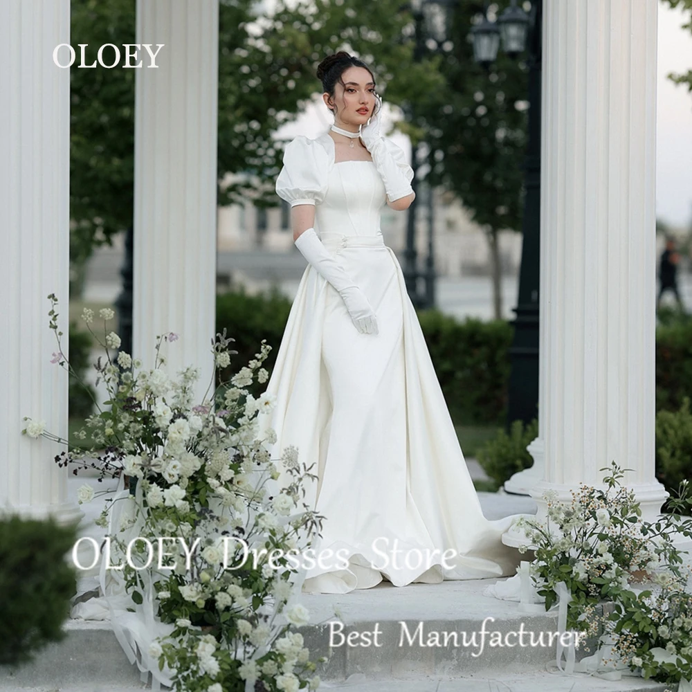 

OLOEY Modest Arabic Ivory Mermaid Wedding Dress Square Collar Long Bridal Gown Short Puff Sleeves Custom Made Floor Length