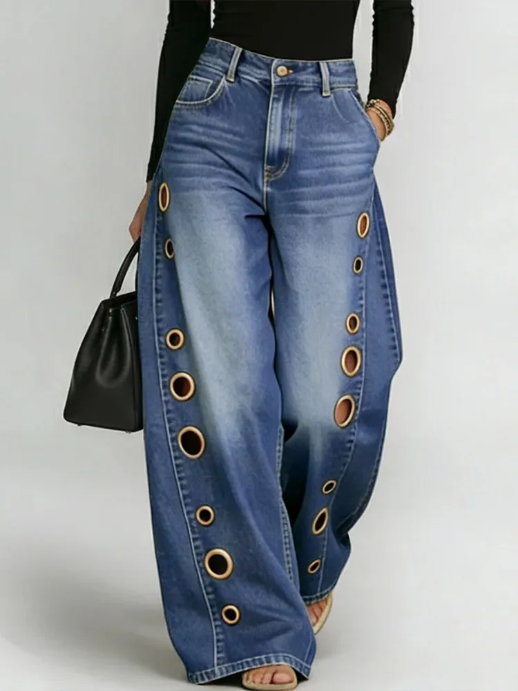 Women 2026 Washed Blue High Waist Wide Leg Jeans Loose Denim Pants With Side Metal Grommet Cutout Trendy Streetwear Trousers
