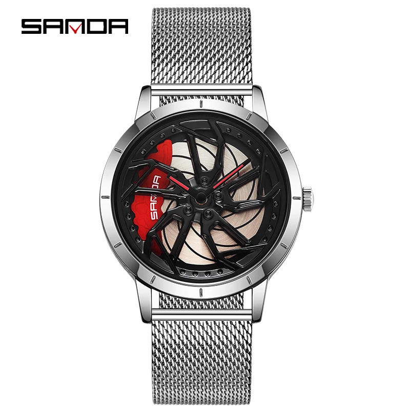 SANDA P1086 2023 Men\'s Wheel Rim Hub Watch Sport Car Men Quartz Watches Waterproof Creative Mesh Luminous Clock relogio masculio