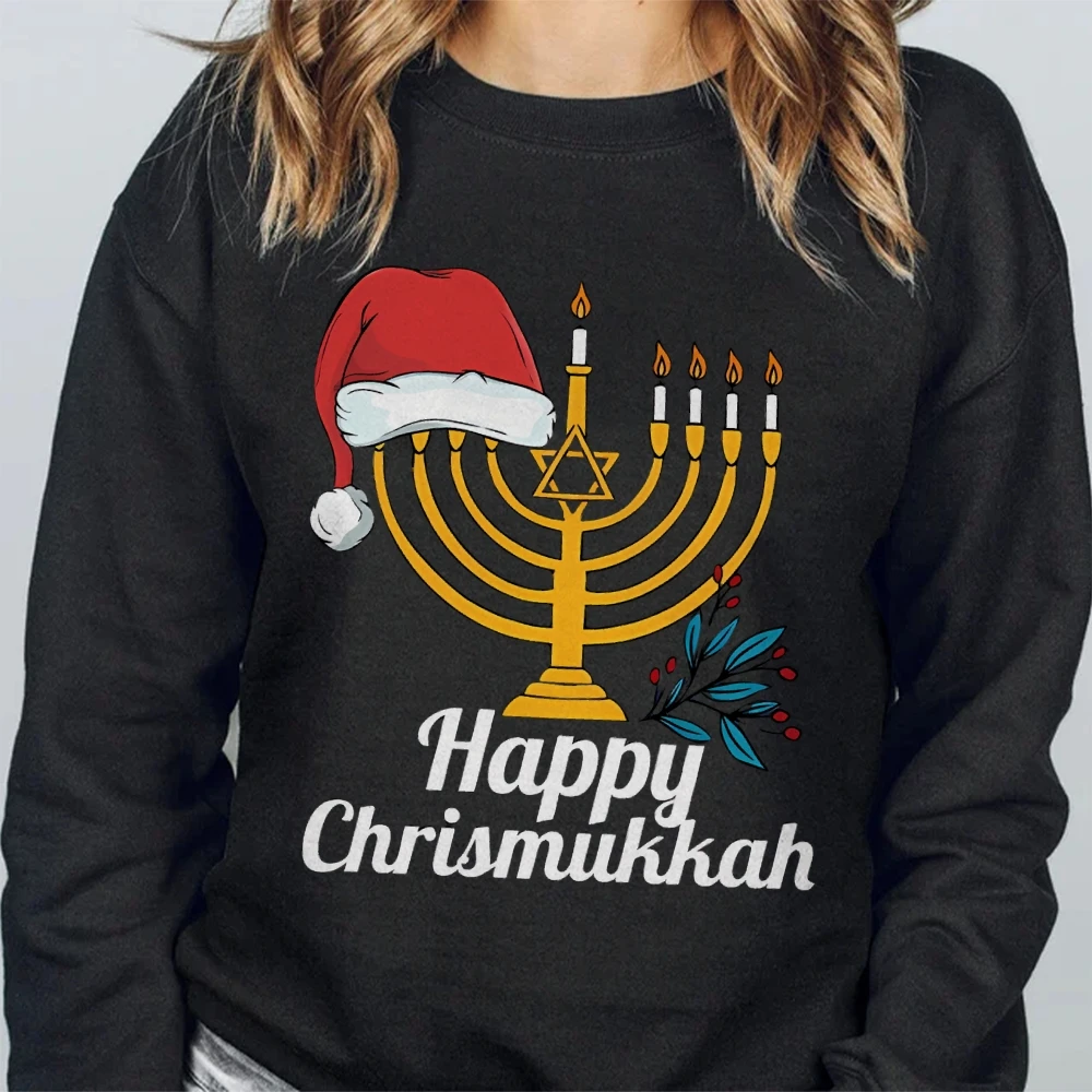 Bluza świąteczna Happy Hannukah Sweter Żydowski top Koszula Wakacyjny sweter świąteczny Żydowskie powiedzenie Pullover Prezent Chanuka Bluza z