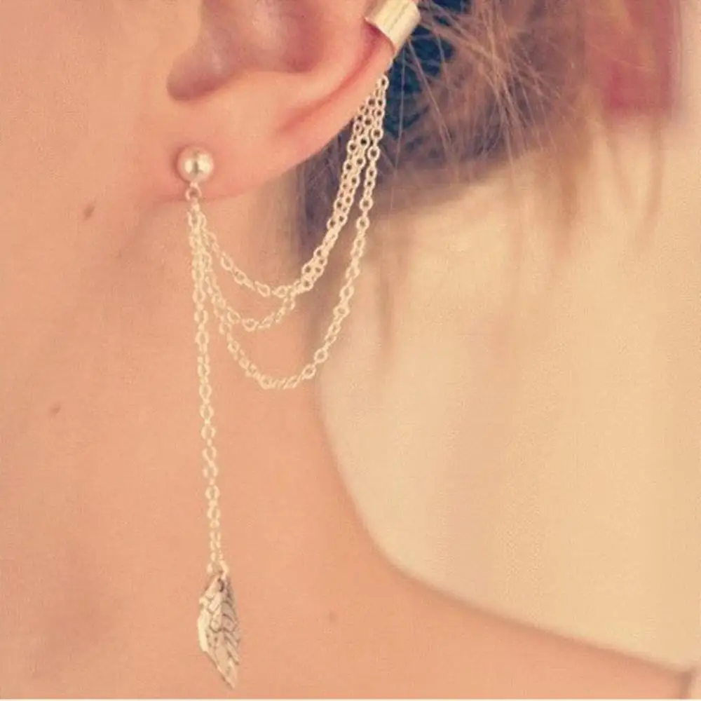 Women Girl Stylish Punk Rock Leaf Chain Tassel  Ear Cuff Wrap Earring Silver Color And Gold Color Earrings