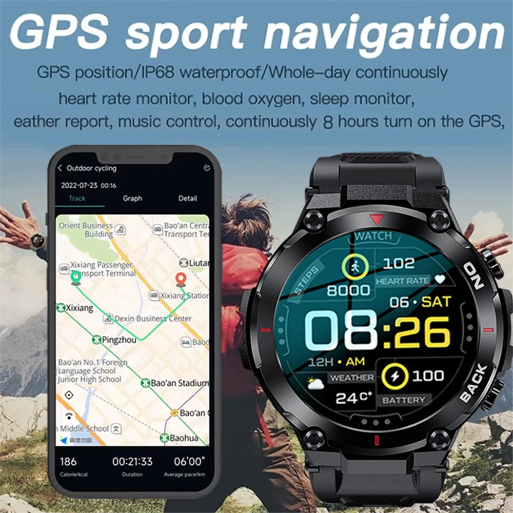 2024 New Rugged Military GPS Smart Watch Men For iOS Android IP68 Waterproof Sport Watches AMOLED HD Screen  Fitness Smartwatch