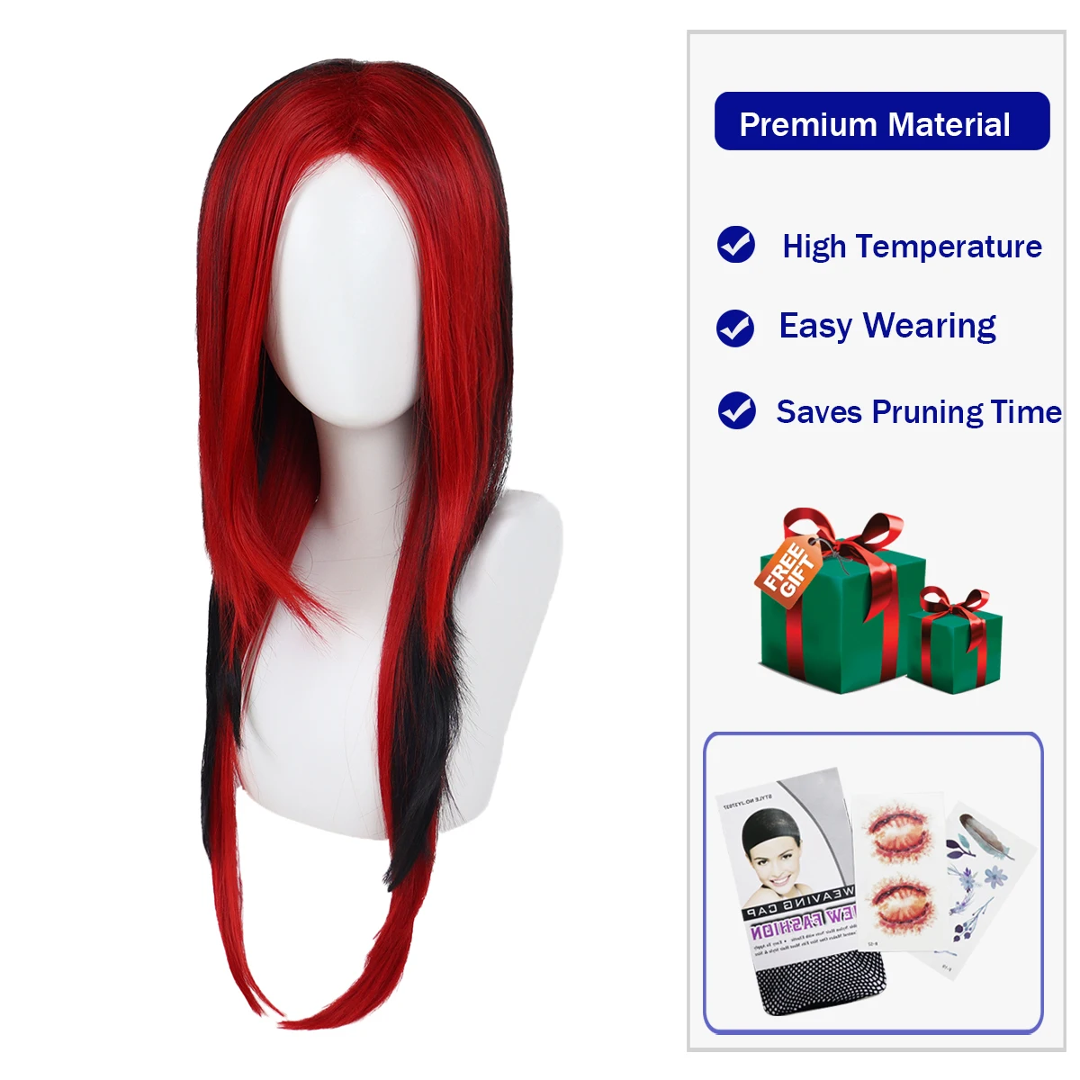 สังเคราะห์ผมยาวสีแดงและวิกผมสีดําสําหรับผู้หญิง Silky ตรงวิกผมทนความร้อนด้านข้าง Bangs ฮาโลวีนเครื่องแต่งกายวิกผมคอสเพลย์