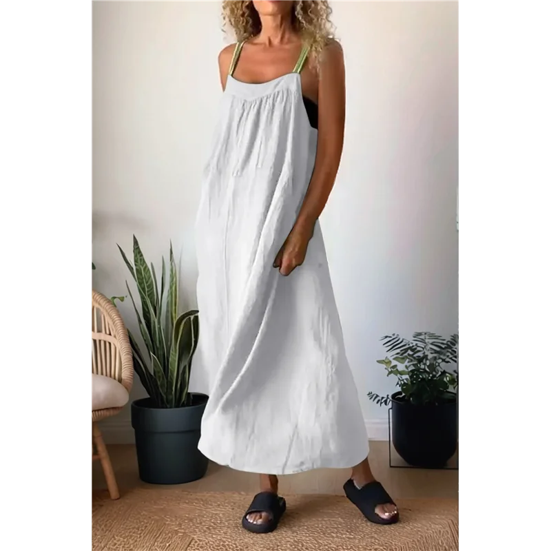 Women's Summer Cotton Maxi Dress Adjustable Spaghetti Strap Boho Casual Backless Ruffle Loose Fit Flowy Dress