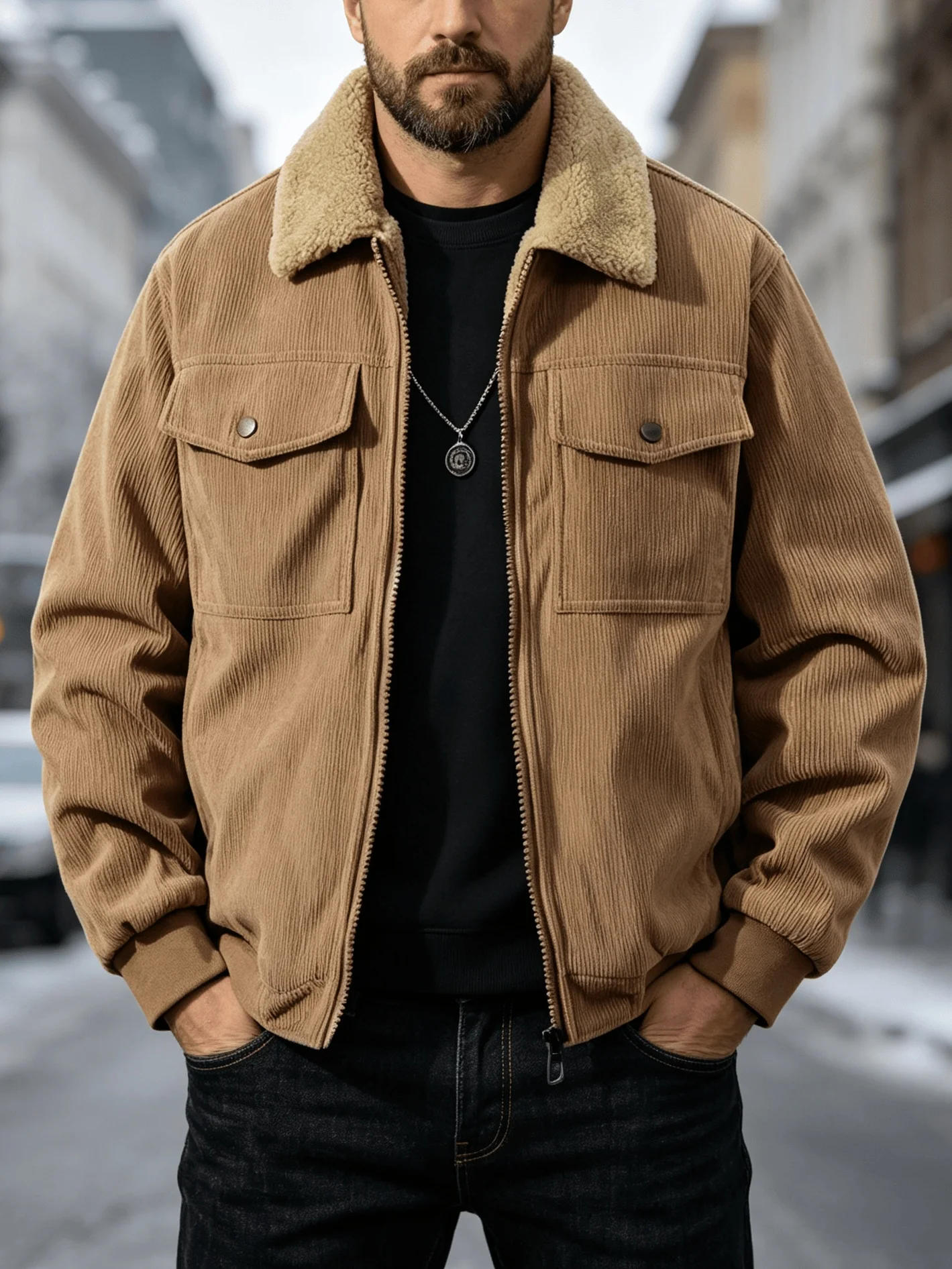 Men's Vintage Corduroy Jacket, Fleece Lined Lapel Collar Zip Up Outerwear, Warm Fluffy Collar & Pocket Design, For Fall Winter Daily & Street Wear
