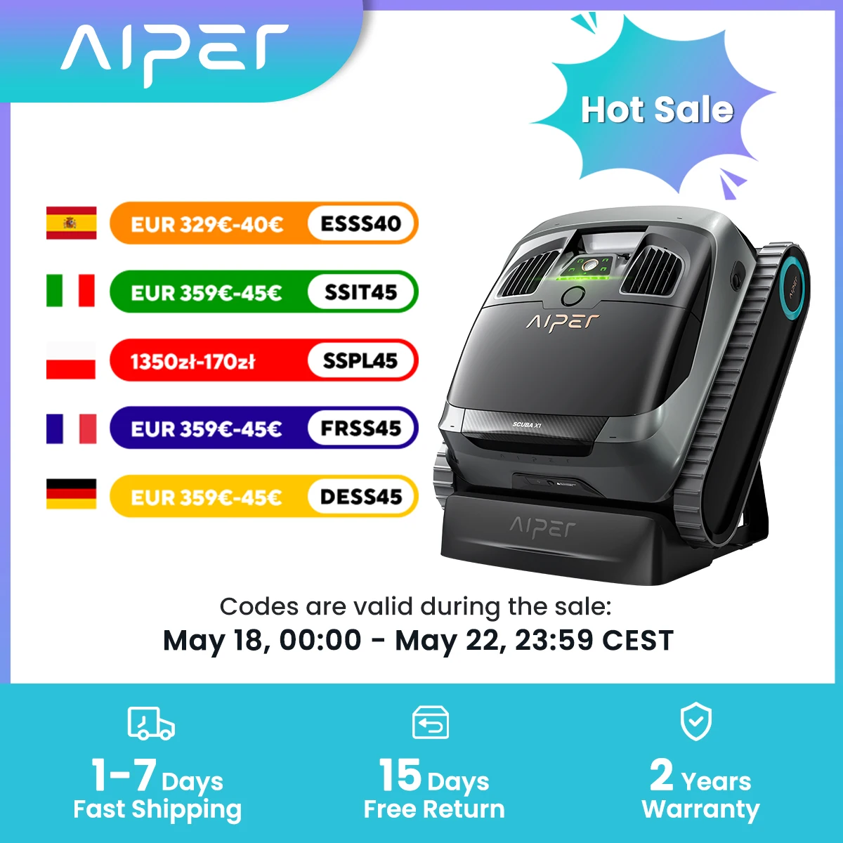Nettoyeur de piscine AIPER Scuba X1 remis à neuf, double filtration, station de charge sans fil, aspiration puissante, nettoyage 4-en-1 avec navigation intelligente, capteurs haute précision, prise en