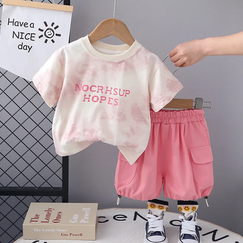 

Kids Summer Sets 2024 Baby Boy Clothes 9 To 12 Months Halo Stained Letter Short Sleeve T-shirts and Shorts Children's Clothing