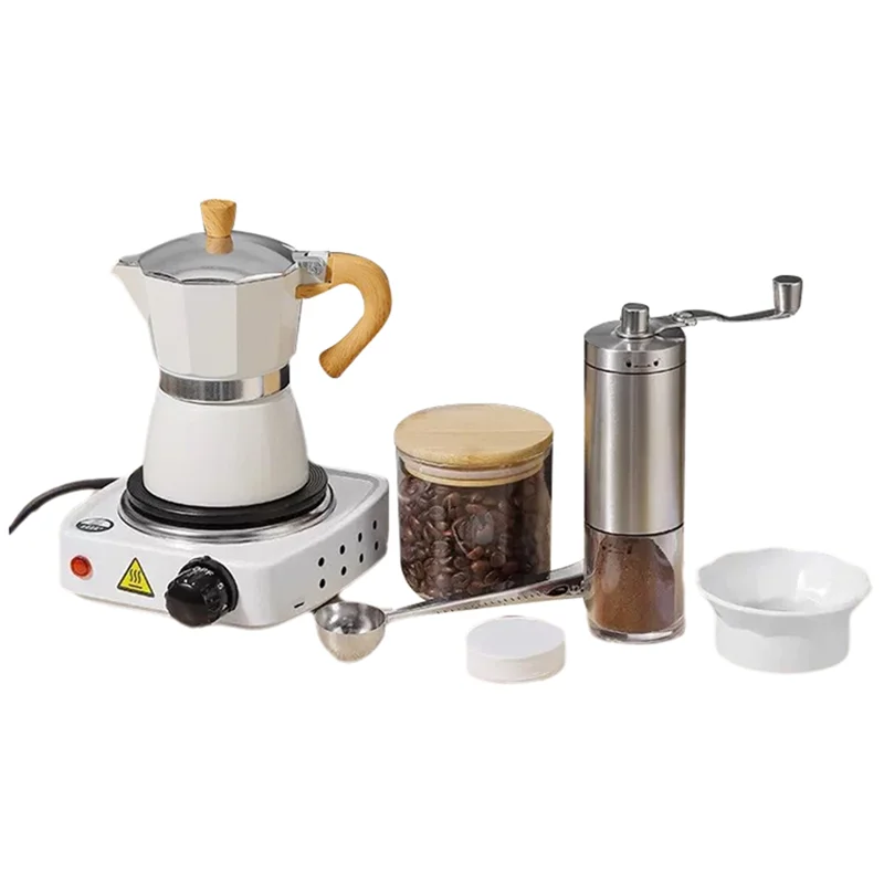 aswut-aluminum-moka-pot-set-with-electric-stove-hand-grinder-moka-dispenser-classic-stovetop-espresso-coffee-maker-150ml