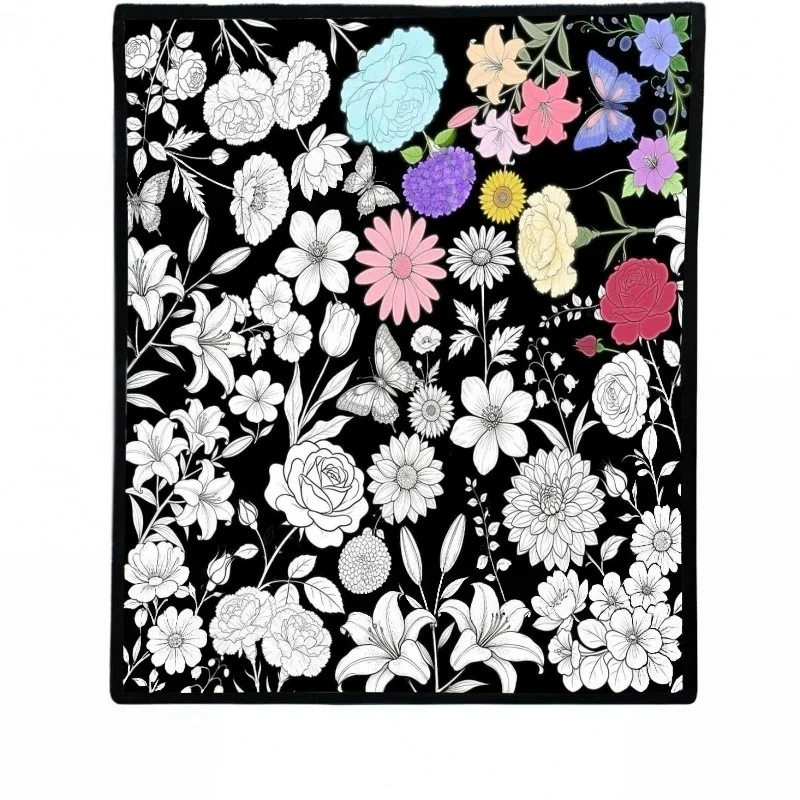 Washable Sketch Graffiti Blanket Abundant Assorted Flower And Leaf Motif Soft Flannel Coloring Throw Creative Leisure Activity