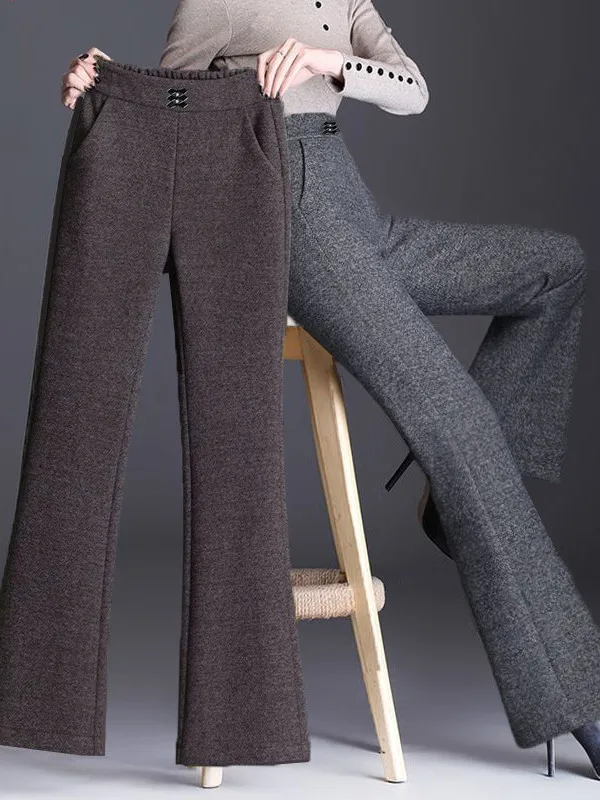 High Waist Fleece Lined Woolen Casual Flared Pants for Women Autumn Winter Fashion plus Size Loose Fit Trousers Casual Style