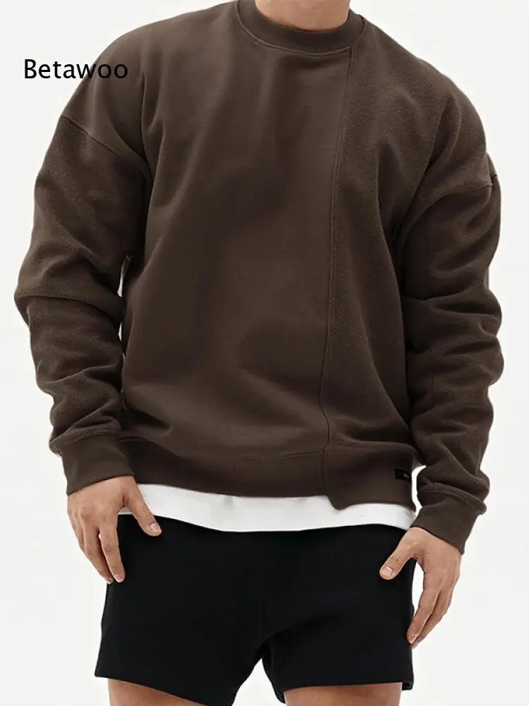 Autumn Men Solid Color Crew Neck Pullover Sweatshirt Seam Splice Design Long Sleeve Loose Fit Top For Daily Casual Activities