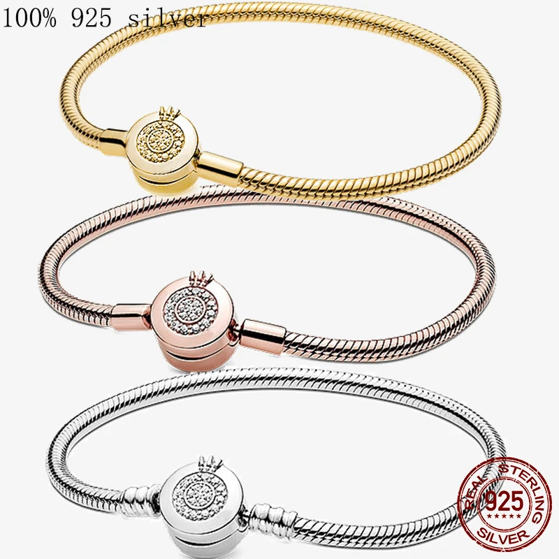 925 Sterling Silver Rose Gold Silver Moments Sparkling Crown O Snake Chain Bracelet Fit Original Bangle Bead Charm Diy Jewelry