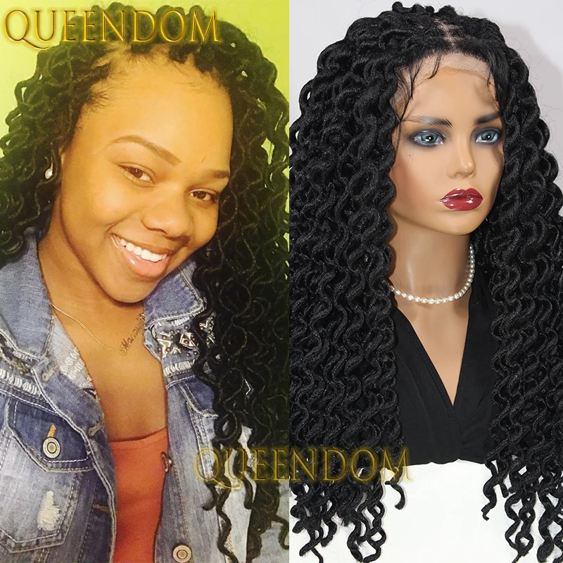 22 Inch Synthetic Extensions Wavy Braid Wig Full Lace Crochet Box Braided Faux Locs Wig Knotless Distressed Deep Wave Braids Wig