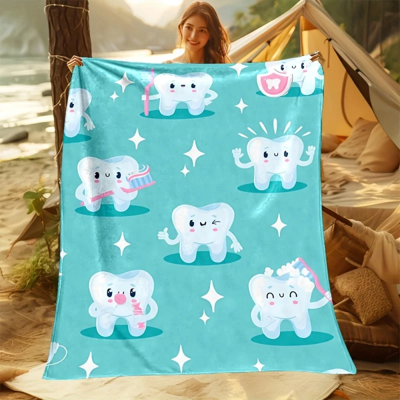 Newest Blanket Light Blue Cute Tooth Dental Care Print Flannel Blanket Kids Soft Warm Bedroom Throw Blanket