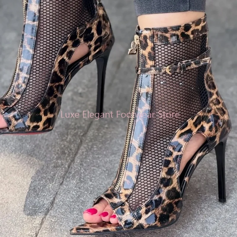 

Leopard Print Mesh Hollow Pointed Stiletto Ankle Boots Women Front Zipper Patent Leather Buckle Strap Sandals Sexy Party Shoes