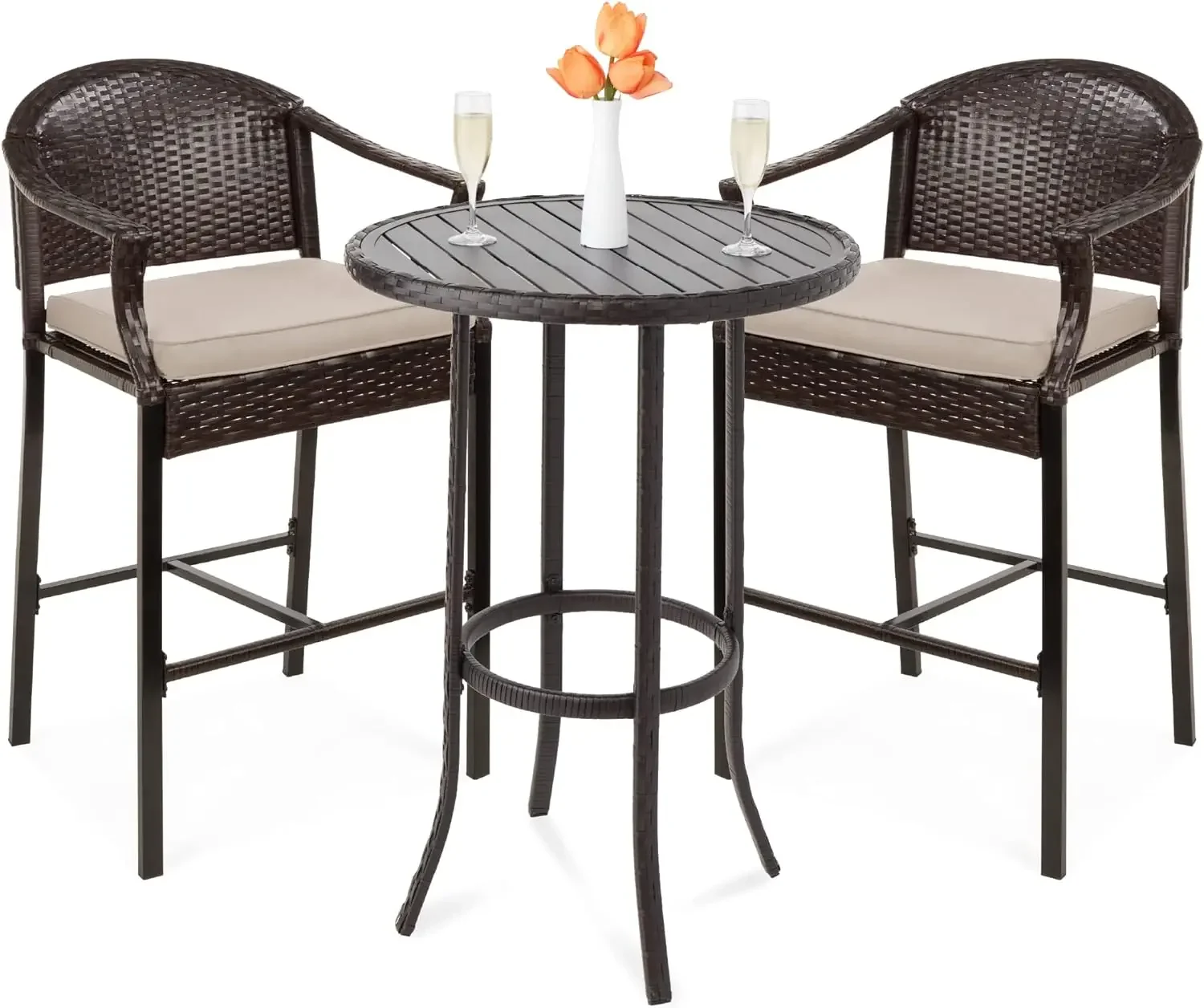 

3-Piece Patio Bar Table Set, Outdoor Wicker Bar Height Bistro Furniture for Backyard, Poolside, Balcony w/Barstools, Cushions